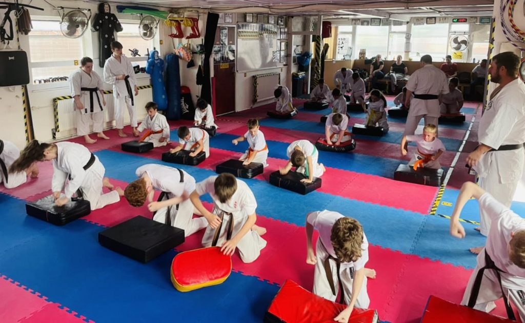 Young KSD karate students punching impact pads
